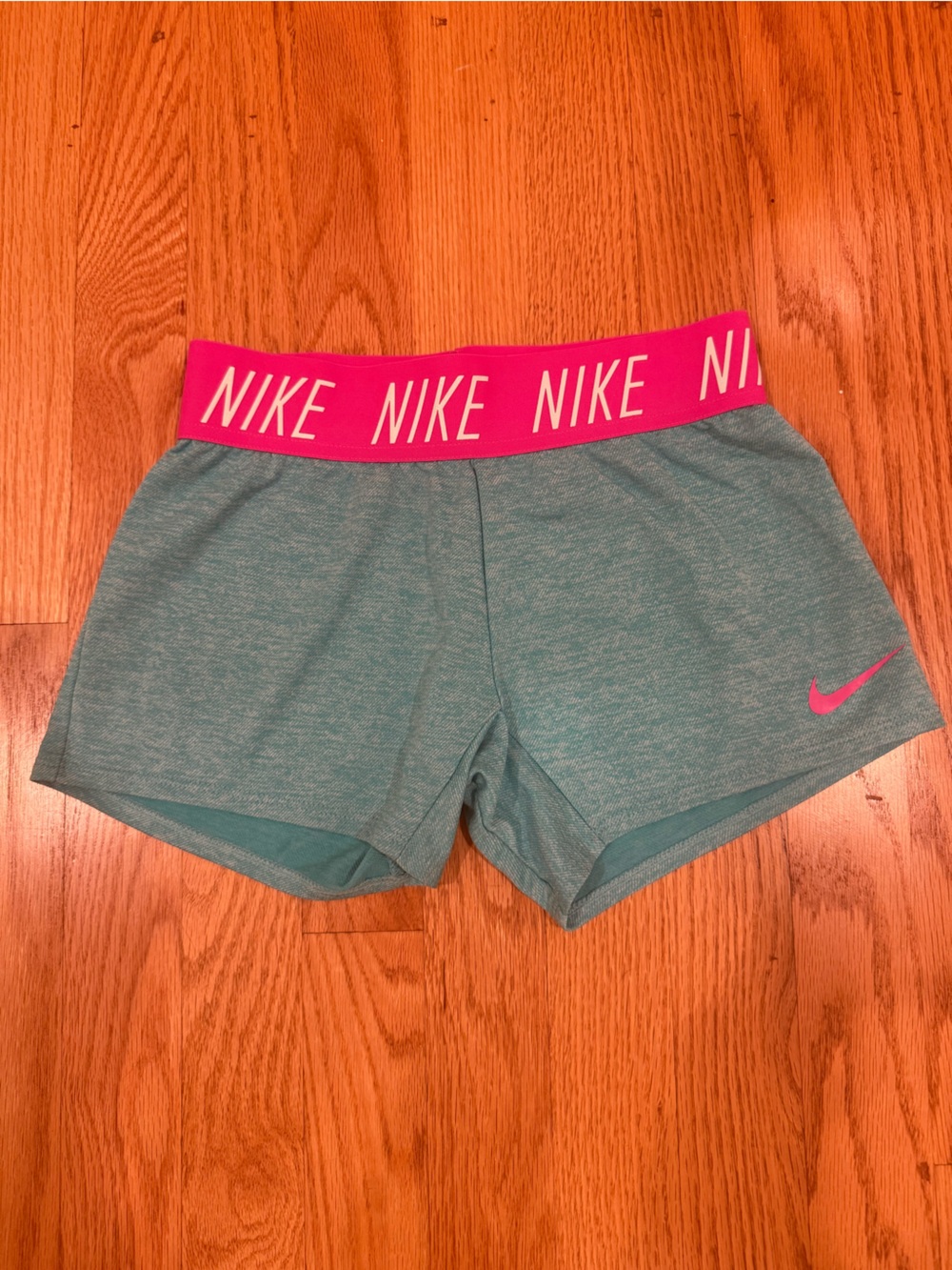 Nike Teal Active Shorts with Pink Logo Waistband Kids Sz S